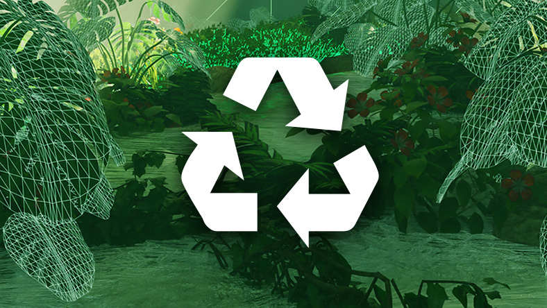White recycling logo, surrounded by a bright green forest matrix.