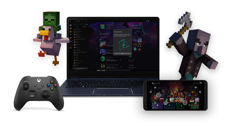 Um PC Windows e um dispositivo móvel exibindo a tela de configuração do remote play. Personagens de Minecraft posicionado em cada lado dos dispositivos.