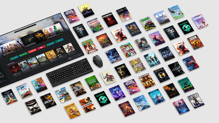 Game art from multiple games available with PC Game Pass surrounding a computer monitor, keyboard, and mouse.