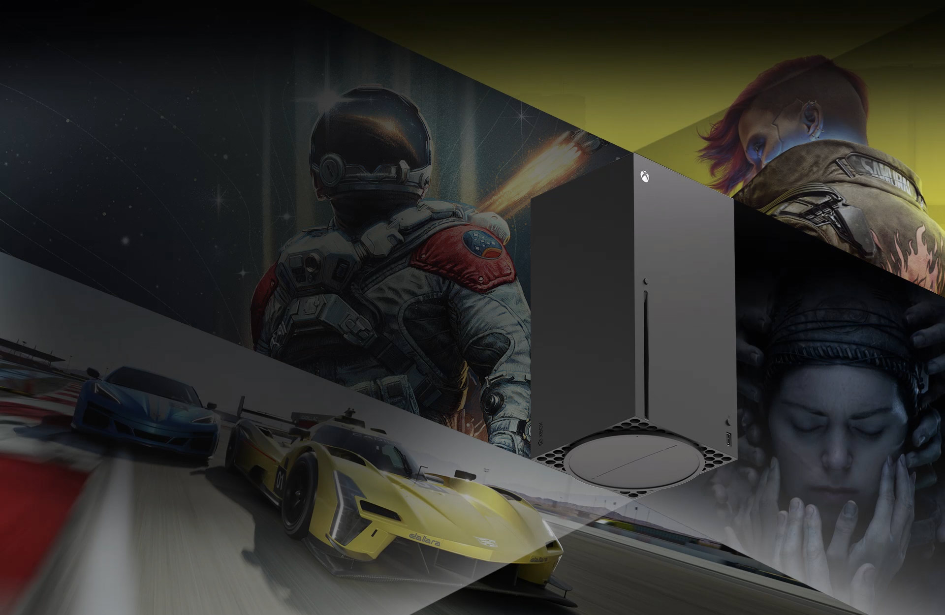 Консоль Xbox Series X с геймпадом Xbox. Анимированный фон из персонажей игр Starfield, Forza Motorsport, Hellblade 2 и Cyberpunk