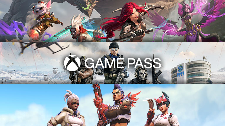 Game art from multiple free-to-play games including League of Legends, Call of Duty: Warzone, and Overwatch 2.