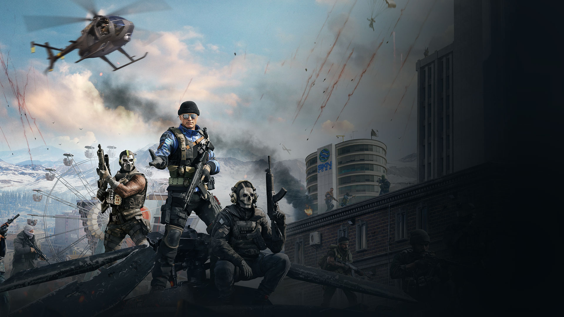 Hudson, Mace, Ghost, and other call of duty characters running through a city warzone.