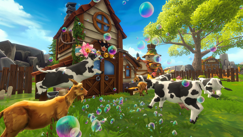 A collection of different farm animals playing with bubbles on a farm