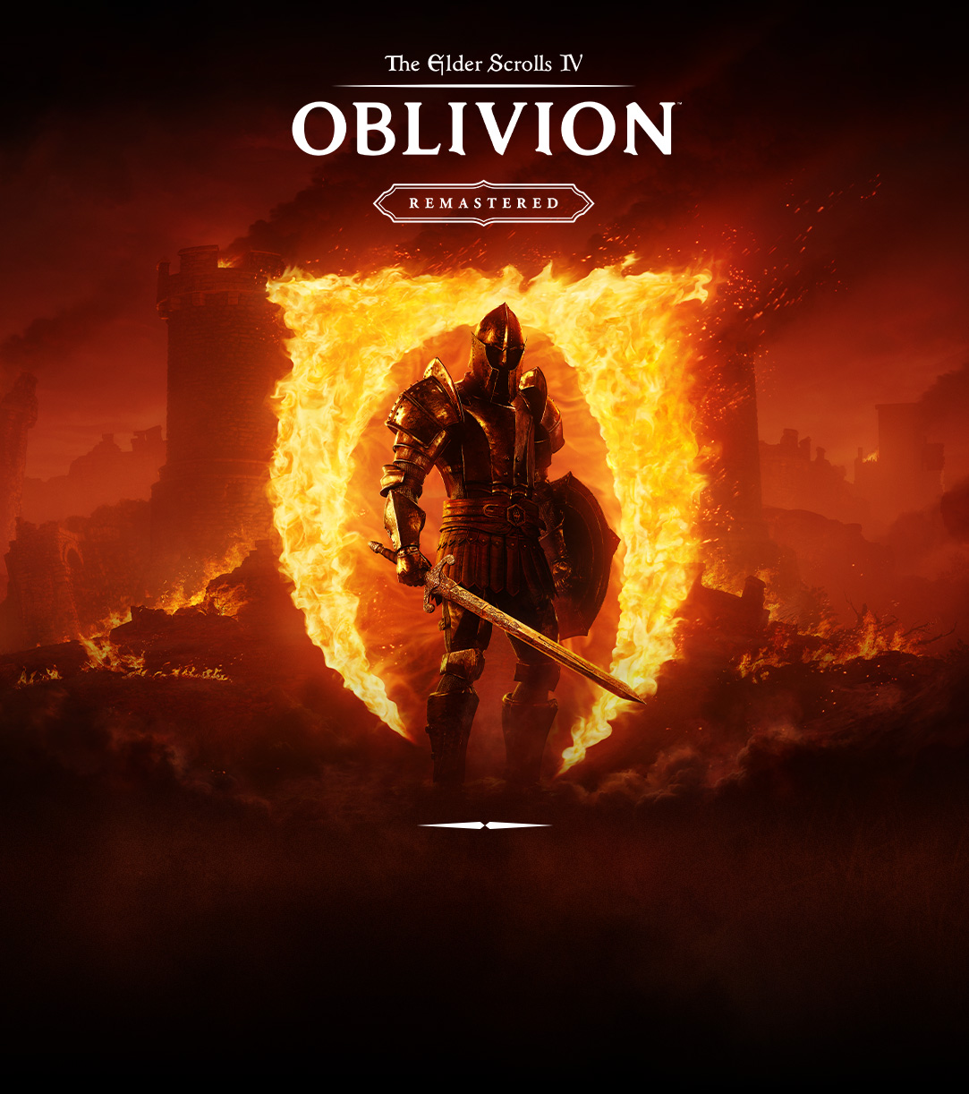 《The Elder Scrolls IV, Oblivion Remastered》,Kvatch 的英雄站在燃燒的符號前,四周的鄉間也陷入火海。