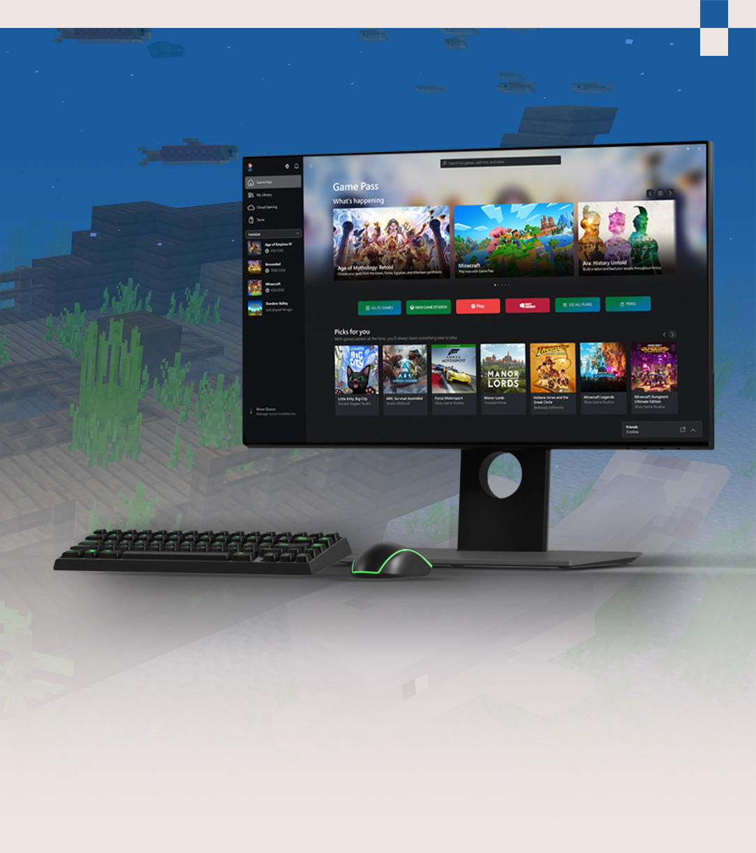 vista frontal de um monitor exibindo um menu do aplicativo Xbox no PC com Windows