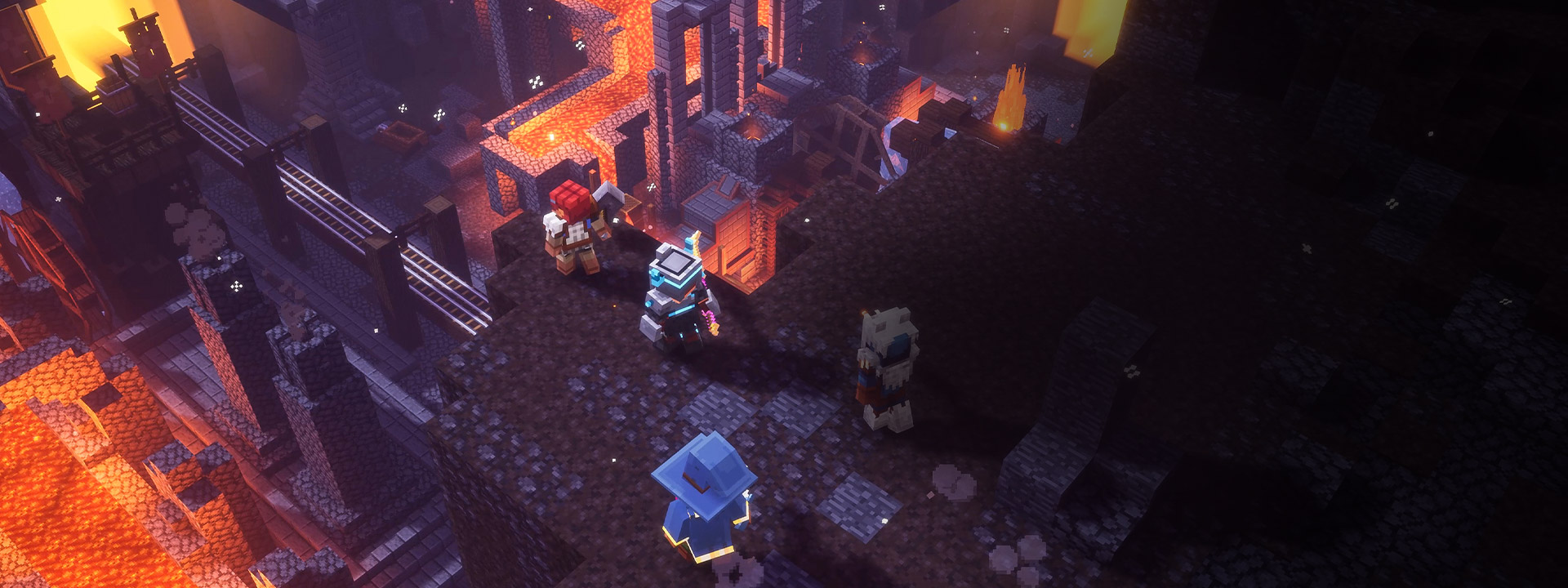 Group of characters standing on the edge peering deeper into the dungeon.