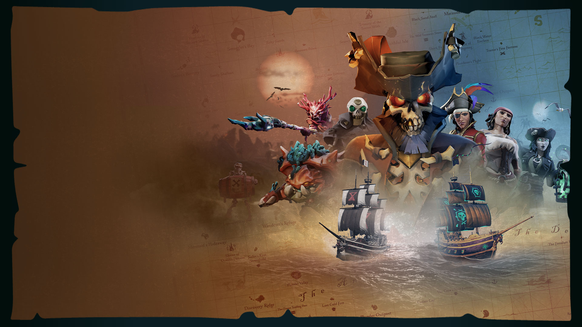 Captain Flameheart, surrounded by other Sea of Thieves characters, shadows over two ships sailing.