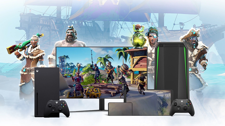 Multiple devices showing Sea of Thieves gameplay.