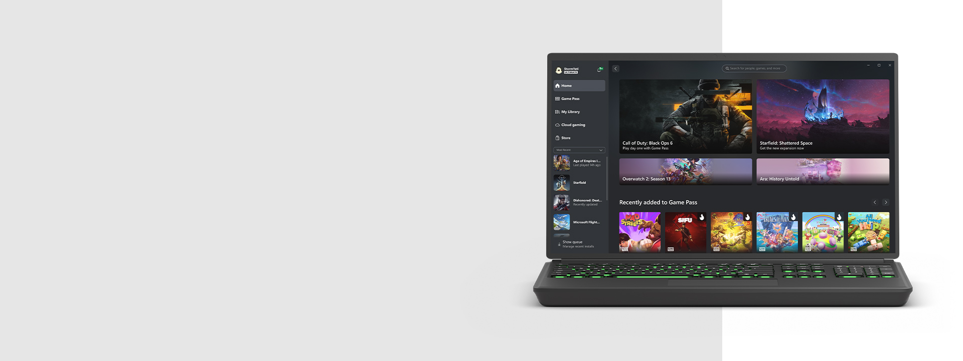 Felnyitott laptop, melyen a windowsos számítógépekhez készült Xbox alkalmazás felhasználói felülete látható