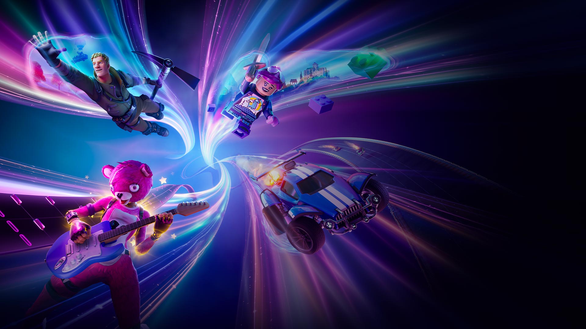A Fortnite character with a pickaxe, a pink bear with a guitar, a Lego figure and a rocket car fly forward with neon swirls around them.