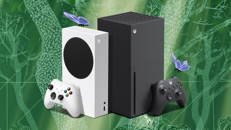 A close crop of the Series X and S consoles with a controller, surrounded by a bright green forest, with sunlight rays and butterflies.