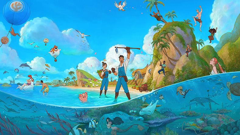 Two Coral Island farmers standing together in the shallow tide of the ocean