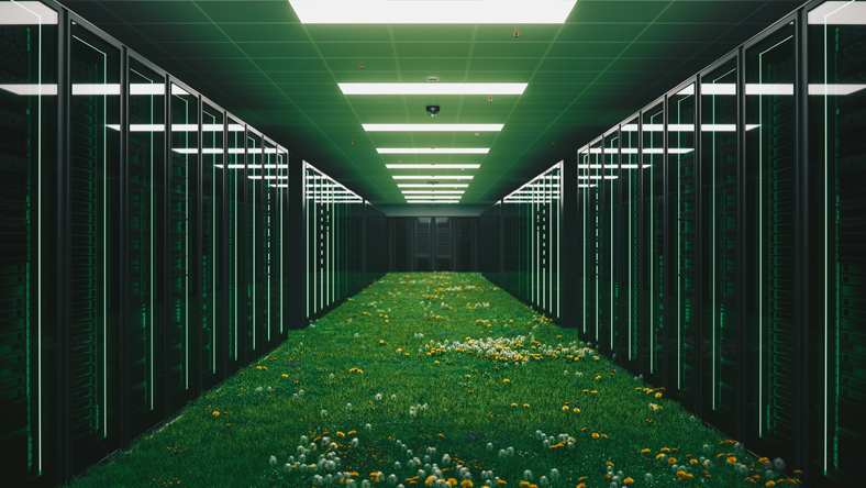 View down a server room aisle, with wildflowers and grass growing on the ground.